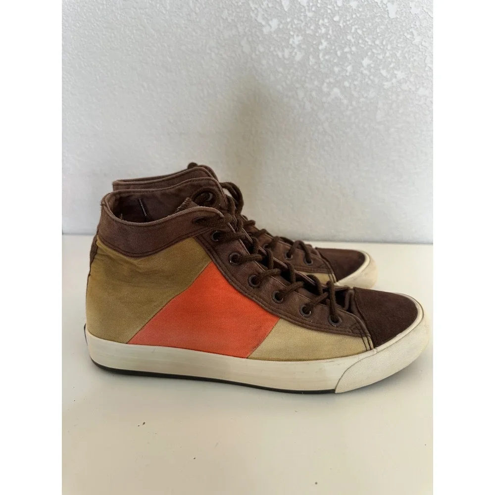 Shan Bu Womens Brown Orange Colorblock Canvas Suede High Top Sneakers Size 9.5